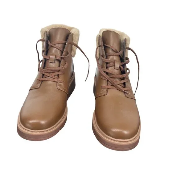 Clarks Mahogany Leather Faux Fur Trim Wedge Boots 8.5 - Picture 4 of 8